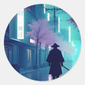 Neon Samurai Sticker – Retro Anime Cyberpunk Tokyo (Vorderseite)
