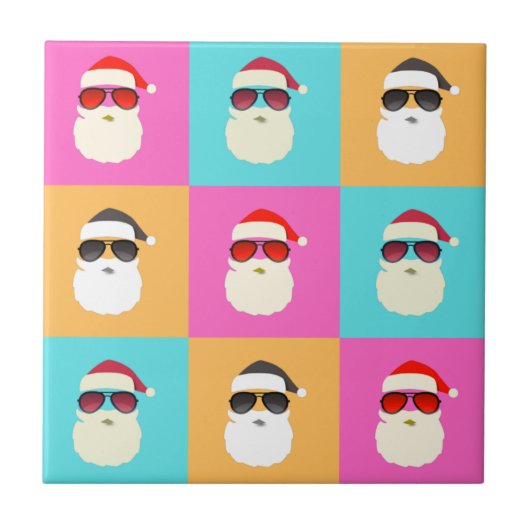 Neon Santa mit Sonnenbrille Cooles Farbmuster Fliese (Vorderseite)
