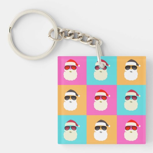 Neon Santa mit Sonnenbrille Cooles Farbmuster Schlüsselanhänger (Vorderseite)