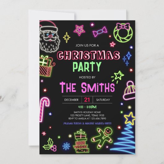 Neon Santa Modern Christmas Party Einladung (Vorderseite)