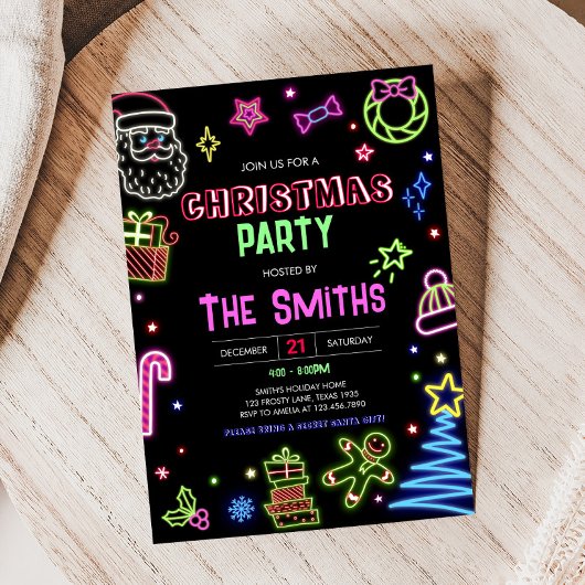 Neon Santa Modern Christmas Party Einladung