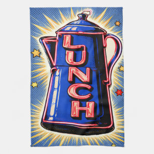 Neon-Schild, Kaffeekanne, Mittagessen, POP-Art-Sti Geschirrtuch