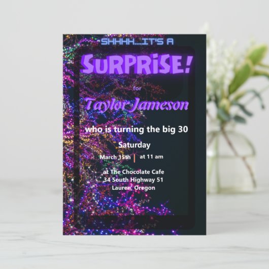 Neon Schwarz moderne Überraschung Einladung QR uAw (Stehend Vorderseite)