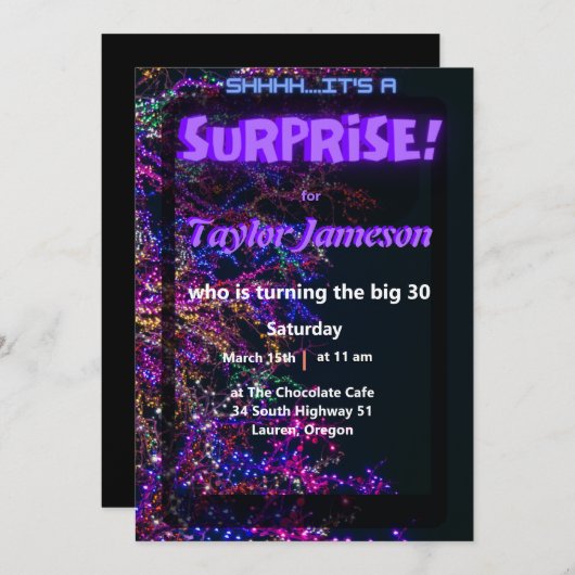 Neon Schwarz moderne Überraschung Einladung QR uAw (Vorne/Hinten)