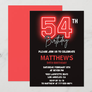 Neon Schwarz Rot Männer Sport 54. Geburtstag Einladung