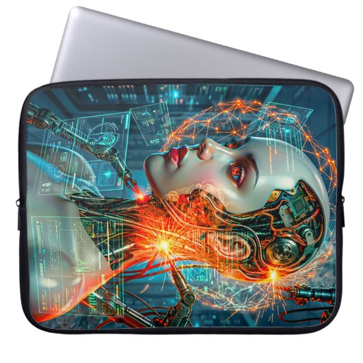 Neon Sci-Fi Cyborg Female Cyberpunk Tech Laptopschutzhülle (Vorderseite)