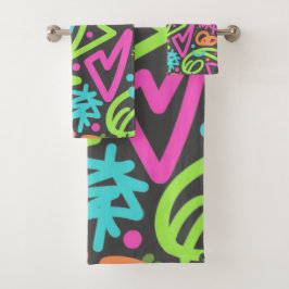 Neon Scribble Splash Handtuch - Lebhafter Retro Po Badhandtuch Set