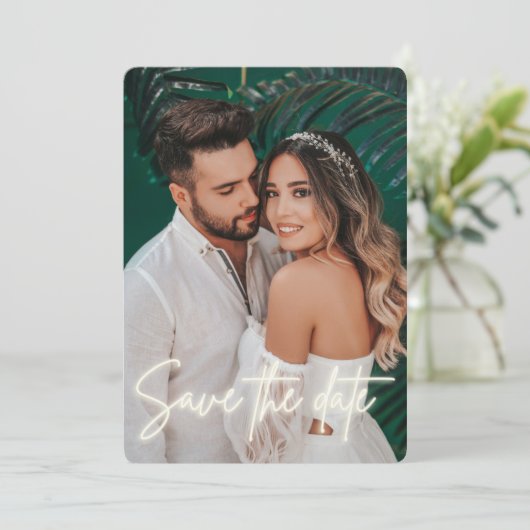 Neon Script-Foto Hochzeit speichern Save The Date (Stehend Vorderseite)