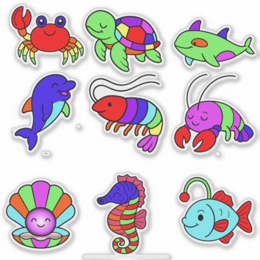 Neon Sea Creatures Sticker Pack – 9 Vibrant Underw (Vorderseite)