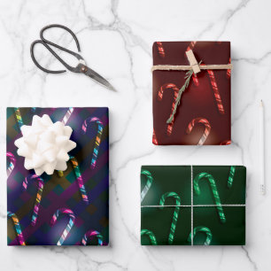 NEON SEHEN GLOWING CHRISTMAS CANDYCANES GESCHENKPAPIER SET
