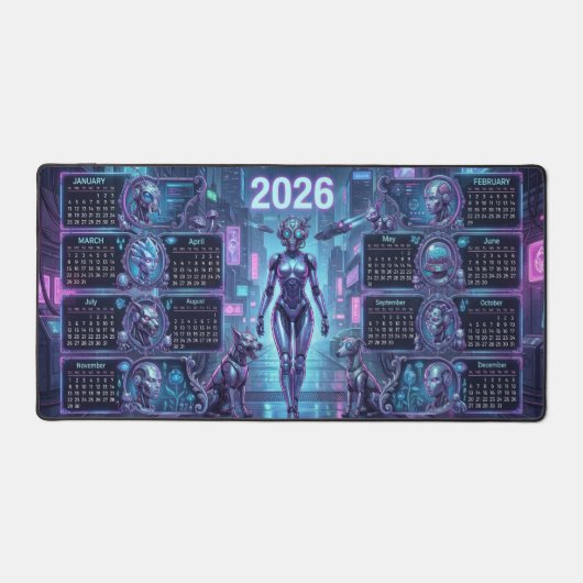 Neon Sentinel 2026 – Cyberpunk Android & Robo-Pets Schreibtischunterlage (Vorderseite)