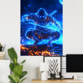 Neon Shadow Assassin - Cyberpunk Ninja in Blue Fla Poster (Heimbüro)