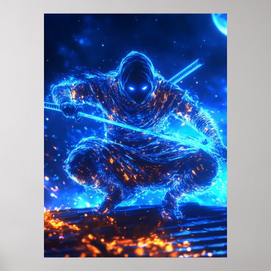 Neon Shadow Assassin - Cyberpunk Ninja in Blue Fla Poster (Vorne)