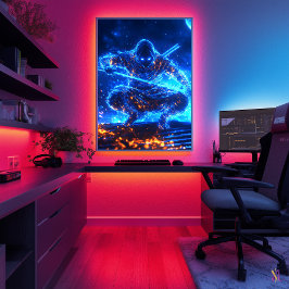 Neon Shadow Assassin - Cyberpunk Ninja in Blue Fla Poster