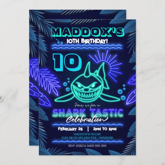 Neon Shark Party Einladung Sharktastic (Vorne/Hinten)