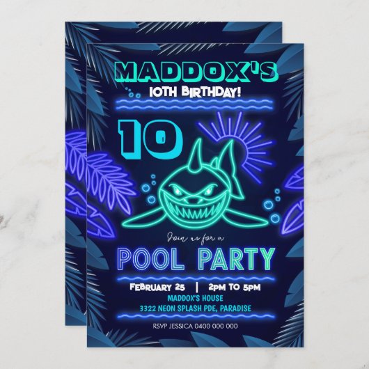 Neon Shark Pool Party Einladung (Vorne/Hinten)
