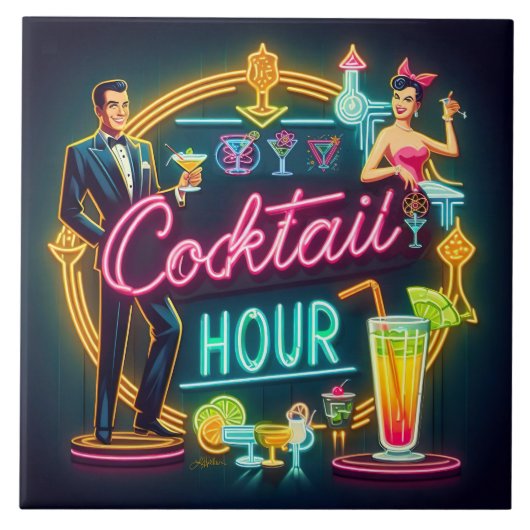 Neon Sign Cocktail Hour Couple aus dem Mittelalter Fliese (Vorderseite)
