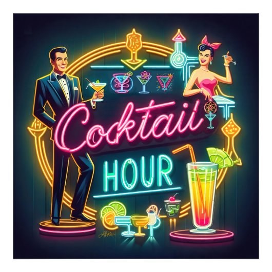 Neon Sign Cocktail Hour Couple aus dem Mittelalter Fotodruck (Vorne)