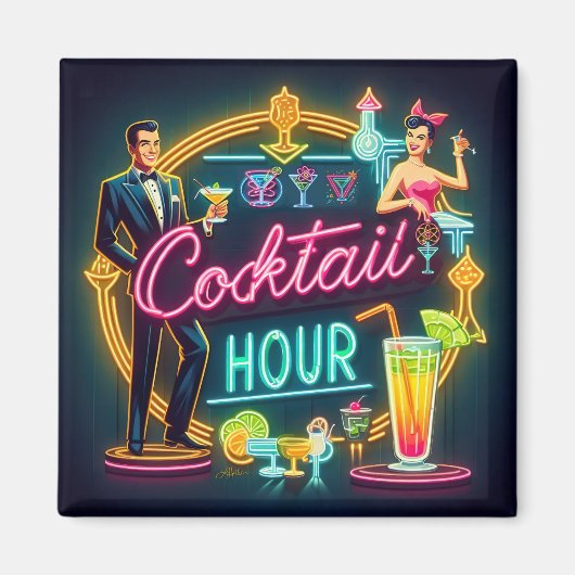 Neon Sign Cocktail Hour Couple aus dem Mittelalter Magnet (Vorne)