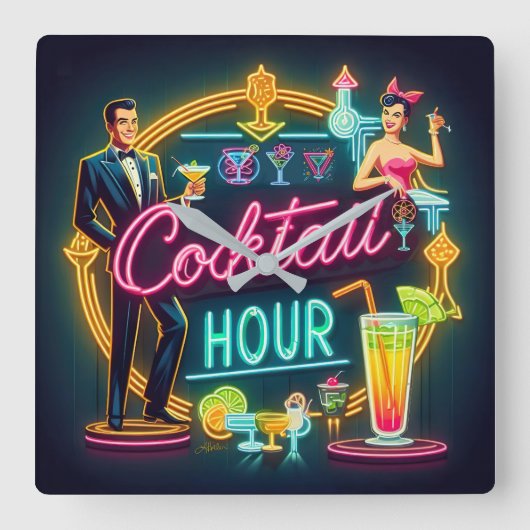 Neon Sign Cocktail Hour Couple aus dem Mittelalter Quadratische Wanduhr (Vorderseite)