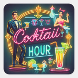 Neon Sign Cocktail Hour Couple aus dem Mittelalter Quadratischer Aufkleber