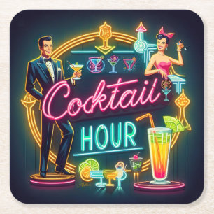 Neon Sign Cocktail Hour Couple aus dem Mittelalter Rechteckiger Pappuntersetzer