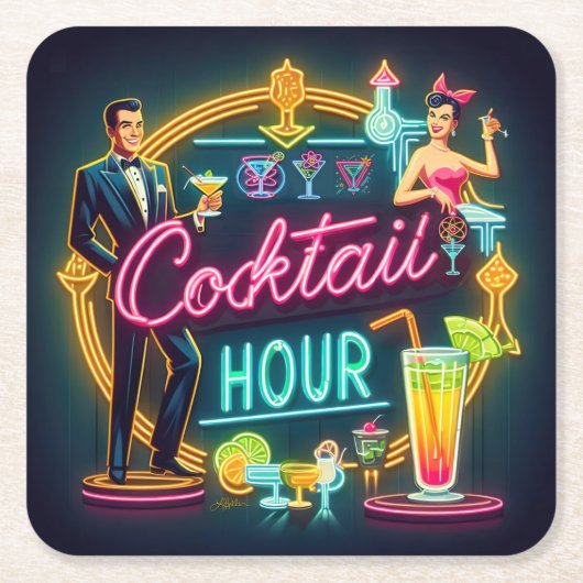 Neon Sign Cocktail Hour Couple aus dem Mittelalter Rechteckiger Pappuntersetzer (Vorderseite)