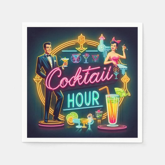 Neon Sign Cocktail Hour Couple aus dem Mittelalter Serviette (Vorderseite)