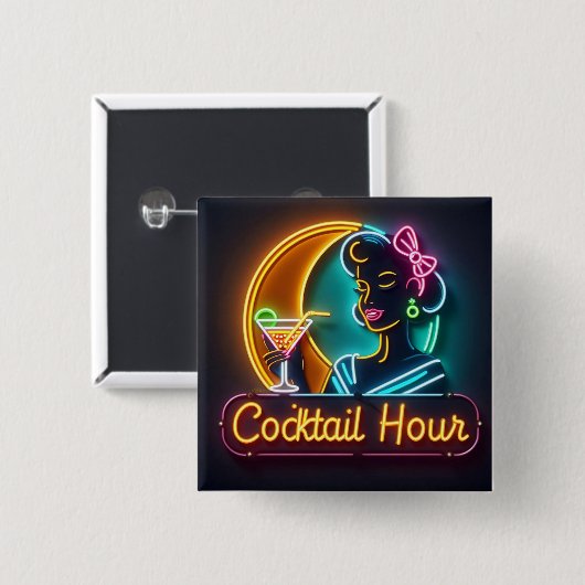Neon Sign Cocktail Hour Woman Mitte des Jahrhunder Button (Vorne & Hinten)