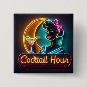 Neon Sign Cocktail Hour Woman Mitte des Jahrhunder Button (Vorderseite)