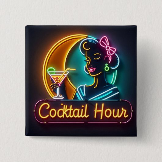 Neon Sign Cocktail Hour Woman Mitte des Jahrhunder Button (Vorderseite)
