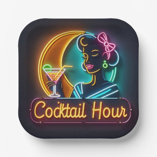 Neon Sign Cocktail Hour Woman Mitte des Jahrhunder Pappteller (Vorderseite)