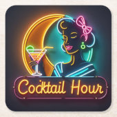 Neon Sign Cocktail Hour Woman Mitte des Jahrhunder Rechteckiger Pappuntersetzer (Vorderseite)