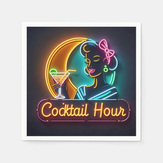 Neon Sign Cocktail Hour Woman Mitte des Jahrhunder Serviette (Vorderseite)