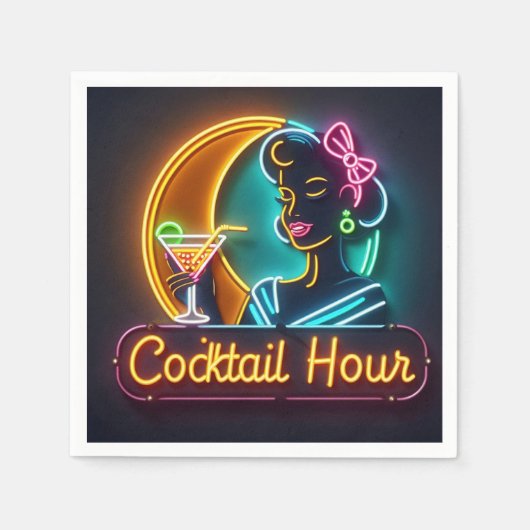 Neon Sign Cocktail Hour Woman Mitte des Jahrhunder Serviette (Vorderseite)