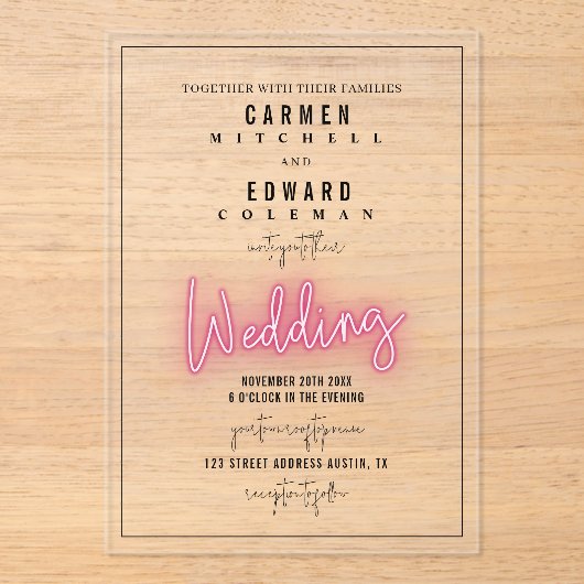 Neon Sign Inspiriert Hochzeit Acryleinladungen (Vorderseite)