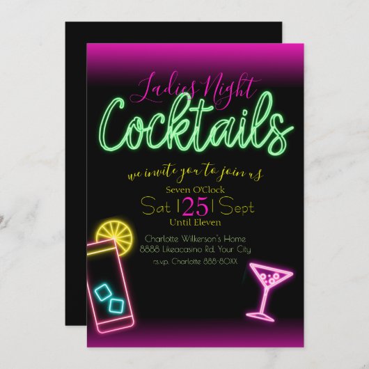 Neon Sign Ladys Night Cocktail Party Einladung (Vorne/Hinten)