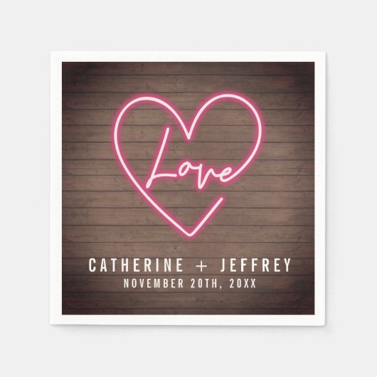 Neon Sign Liebe Heart Wood Wedding Serviette (Vorderseite)