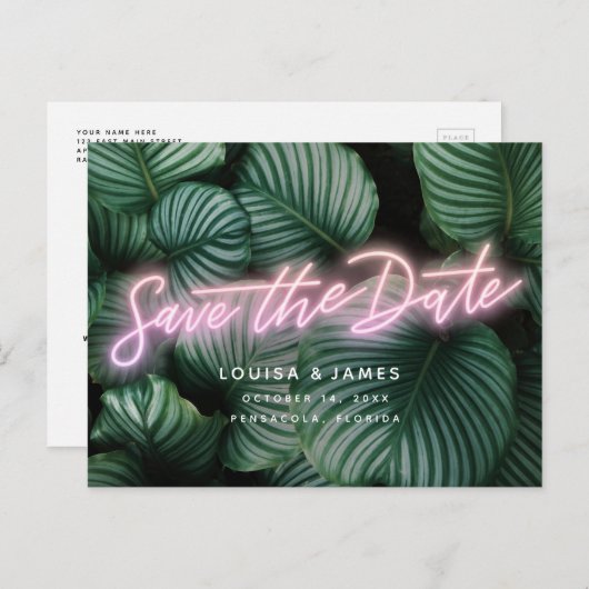 Neon Sign Modern Tropical Save the Date Postkarte (Vorne/Hinten)