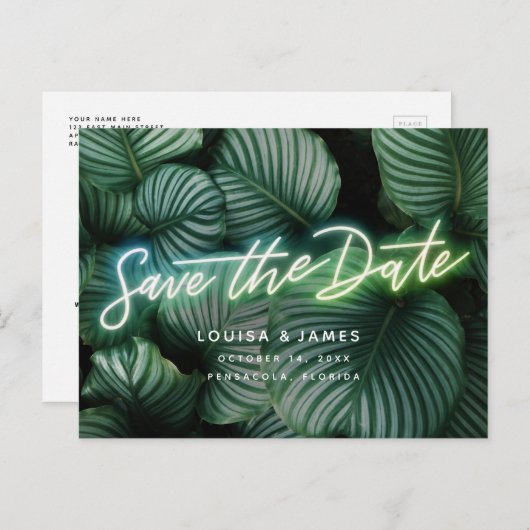 Neon Sign Modern Tropical Save the Date Postkarte (Vorne/Hinten)