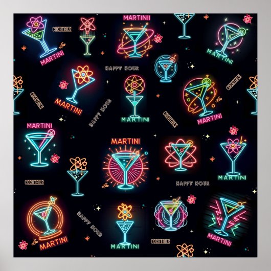 Neon Sign Space Age AtomMartini Cocktails Print Poster (Vorne)