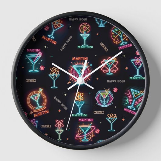 Neon Sign Space Age AtomMartini Cocktails Print Uhr (Vorderseite)