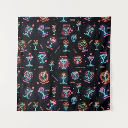 Neon Sign Space Age AtomMartini Cocktails Print Wandteppich (Vorderseite)