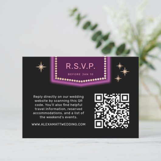 Neon Sign Vegas Wedding QR Code Online UAWG RSVP Karte (Stehend Vorderseite)