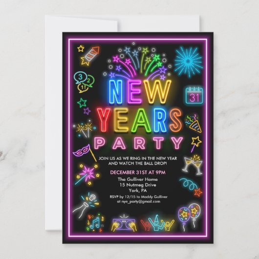 Neon Silvester Party Einladung (Vorderseite)