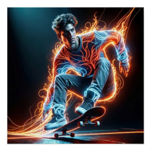 Neon Skateboarder auf schwarz Poster (Vorderseite)