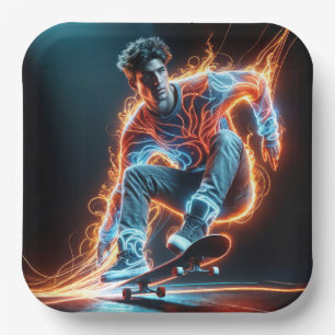 Neon-Skateboarder mit feurigen Lichtspuren Pappteller