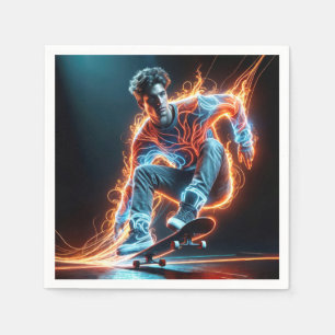 Neon-Skateboarder mit feurigen Lichtspuren Serviette