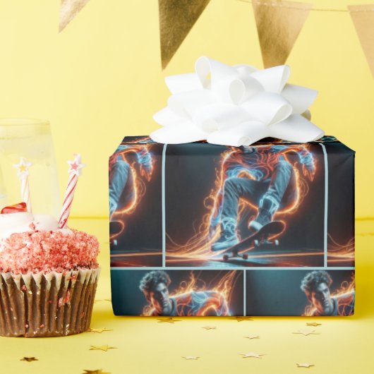 Neon Skateboarder mit fiery Light Trails Geschenkpapier (Geburtstagsparty)