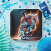 Neon Skateboarder mit fiery Light Trails Pappteller (Party)
